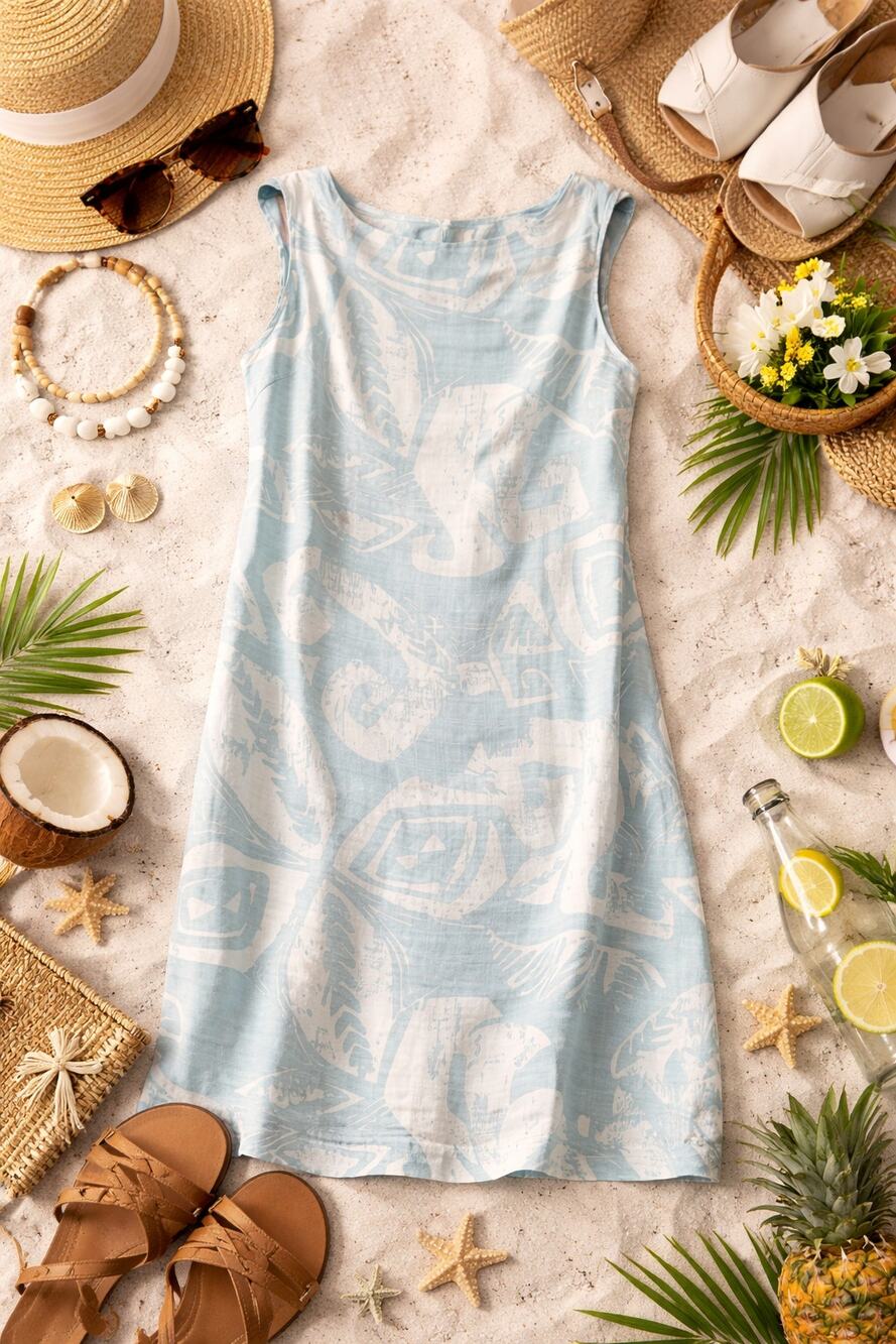 Kai Women's Hawaiian Crewneck Sheath Dress Sleeveless Light Blue Printed Size XS